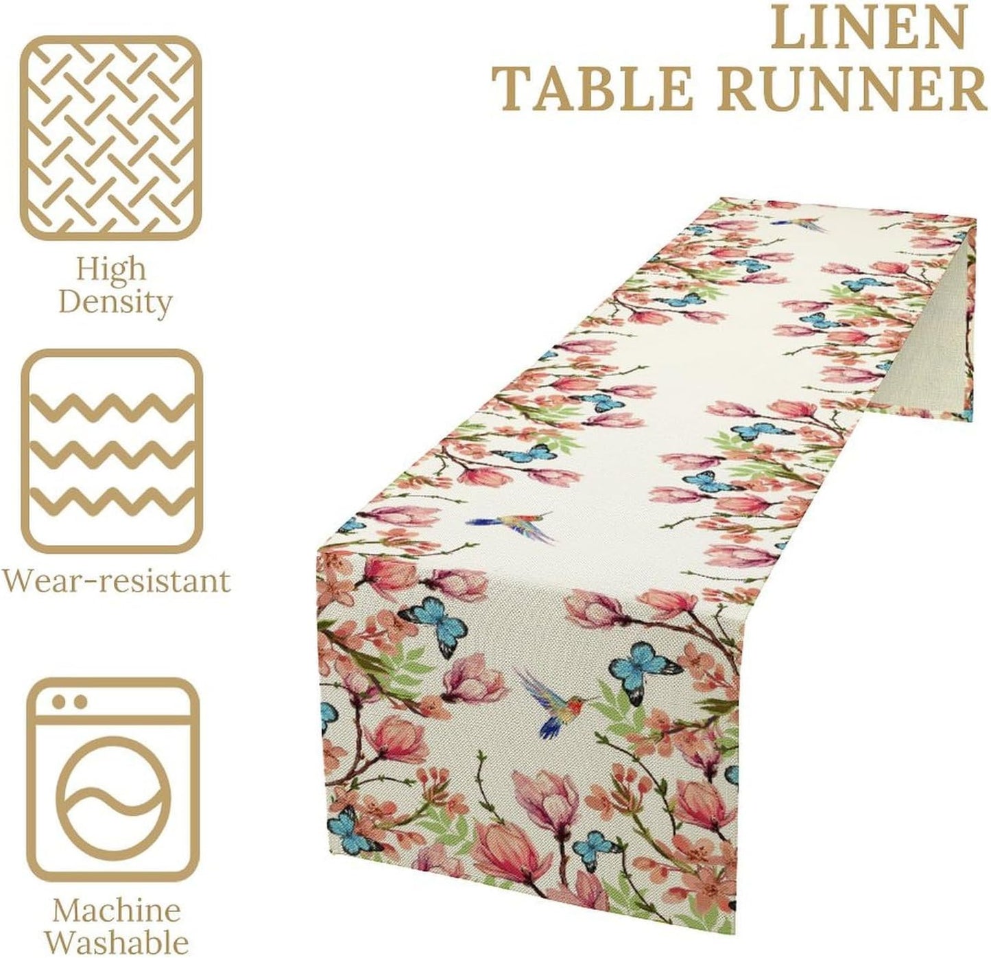 Flowers Table Runner,Floral Bird Butterfly Spring Table Cloth Kitchen Dining Table Home Party Decoration 13x60 Inch