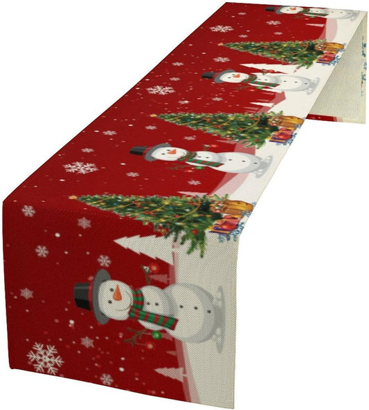 Christmas Table Runner,Snowman Rustic Red Snowflake Winter Table Cloth Kitchen Dining Table Decoration for Home Party Decor 13x60 Inch