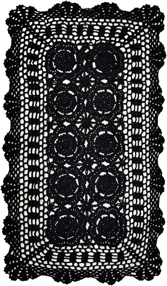Phantomon Lace Table Runner Rectangular Table Cover Cloth Handmade Crochet Floral Placemats 100% Cotton (Floral Black, 15x28Inch)