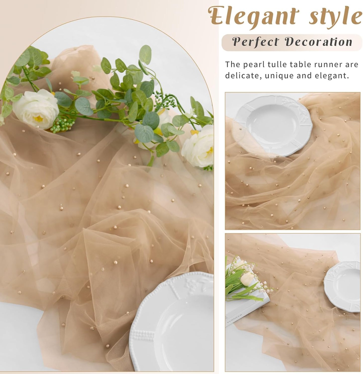Pearl Table Runner 29 x 120 Inch Tulle Fabric Lace Table Runners Boho Rustic Tablecloth for Bridal Shower Birthday Party Wedding Arch Aisle Veil Dessert Table Decor(1 Pack, Nude)