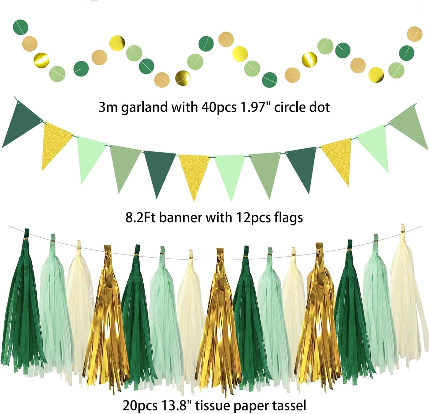 Paper Fans Party Decorations Glitter Green Gold Paper Triangle Flag Banner Tassel Garland Circle Banners Party Supplies for Bachelorette, Birthday, Bridal Shower Birthday Wedding Bachelorette