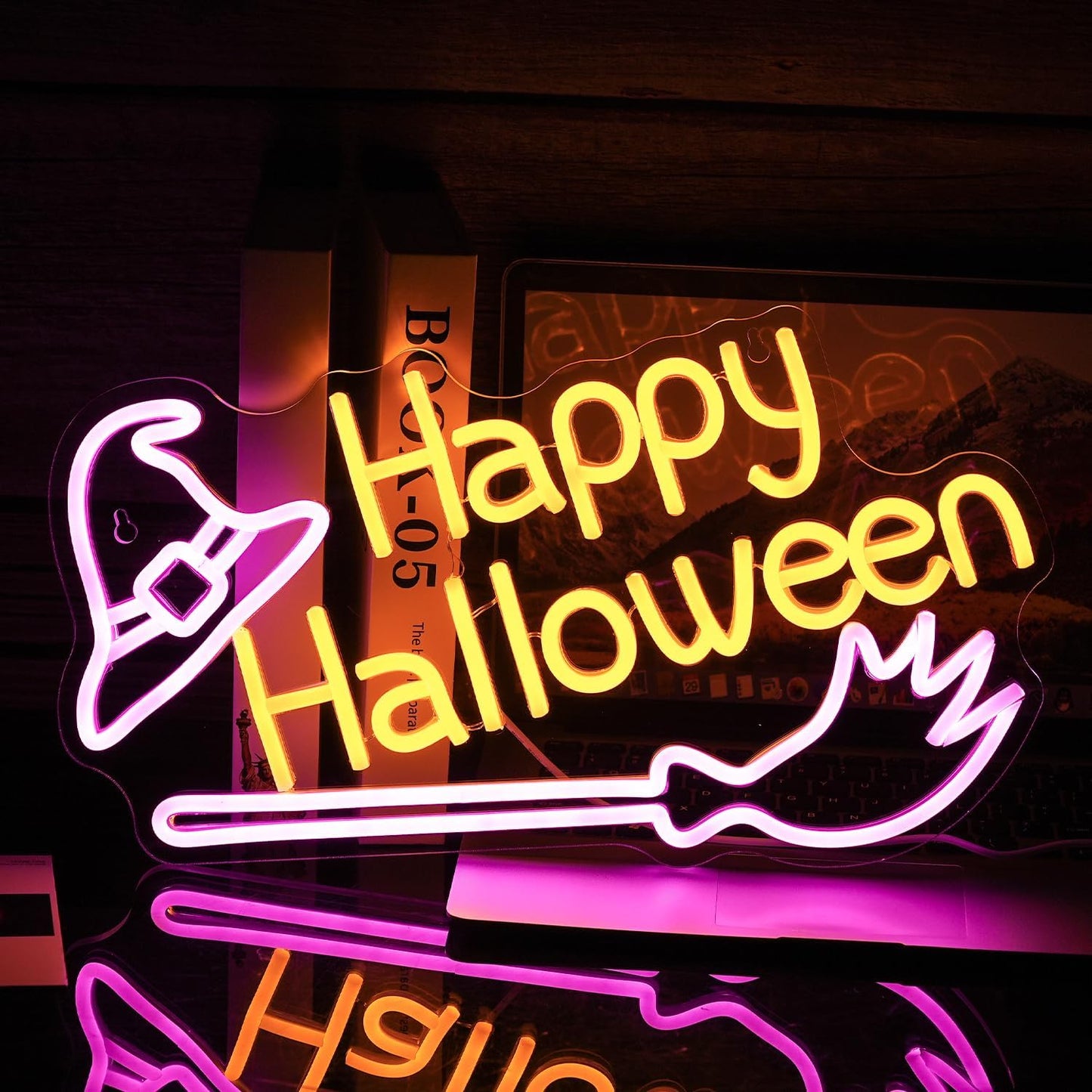 Happy Halloween Neon Sign Witch Hat Neon Sign Dimmable Broom Led Wall Decor Neon Lights Halloween Decorations for Home Spooky Party Kids Room