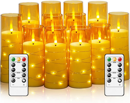 Flameless Candles with Embedded Star String - Battery Operated LED Candles, with Remote,12 Gold Flickering Candles for Christmas, Weddings, Home Decor & Party,(D 2.3"×H 5" 6" 7")