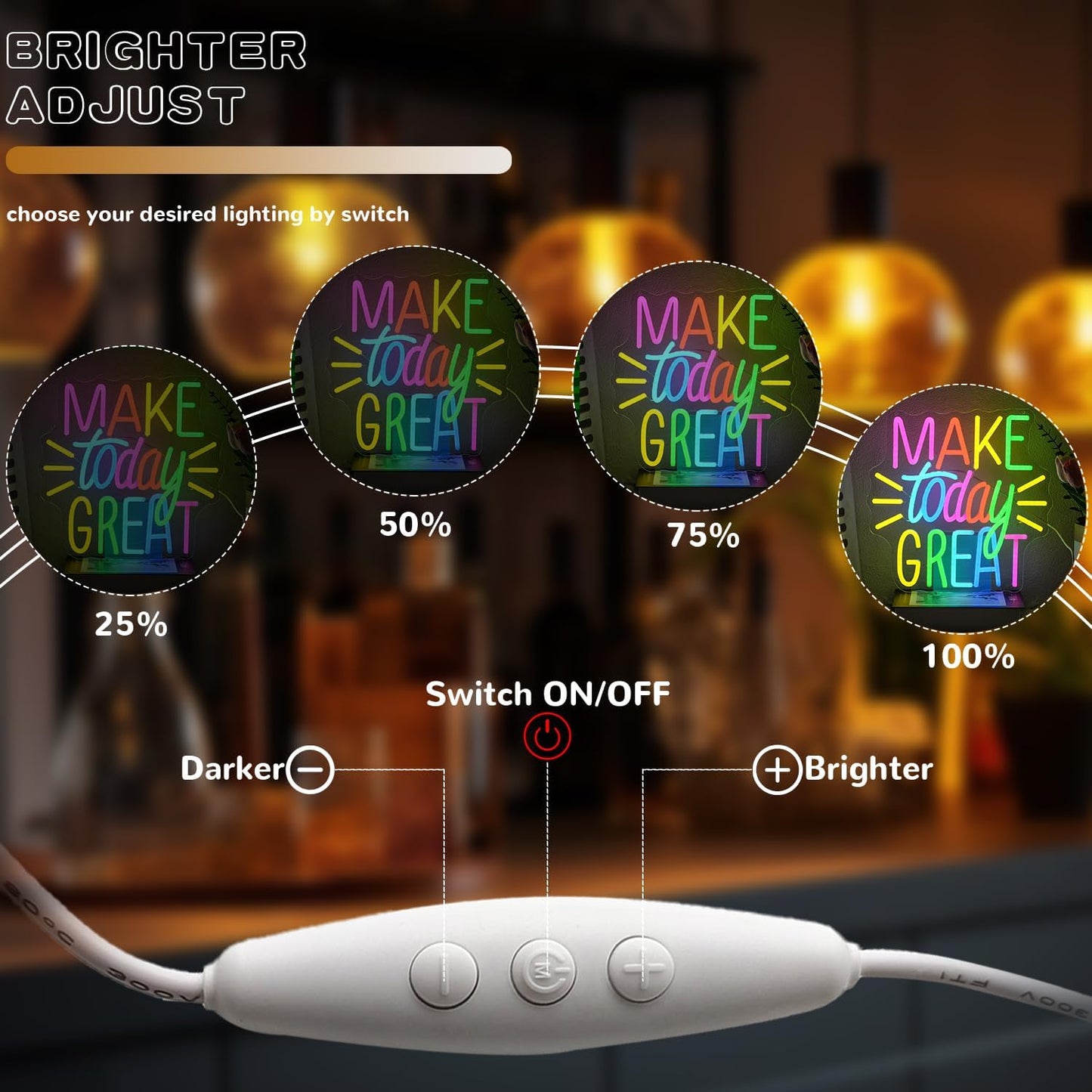 Make Today Great Neon Sign for Wall Decor, Inspirational Colorful Letter Neon Light, Dimmable Motivational Word Led Light Up Sign for Classroom, Cafe, Wedding Party,Birthday Wall Decor