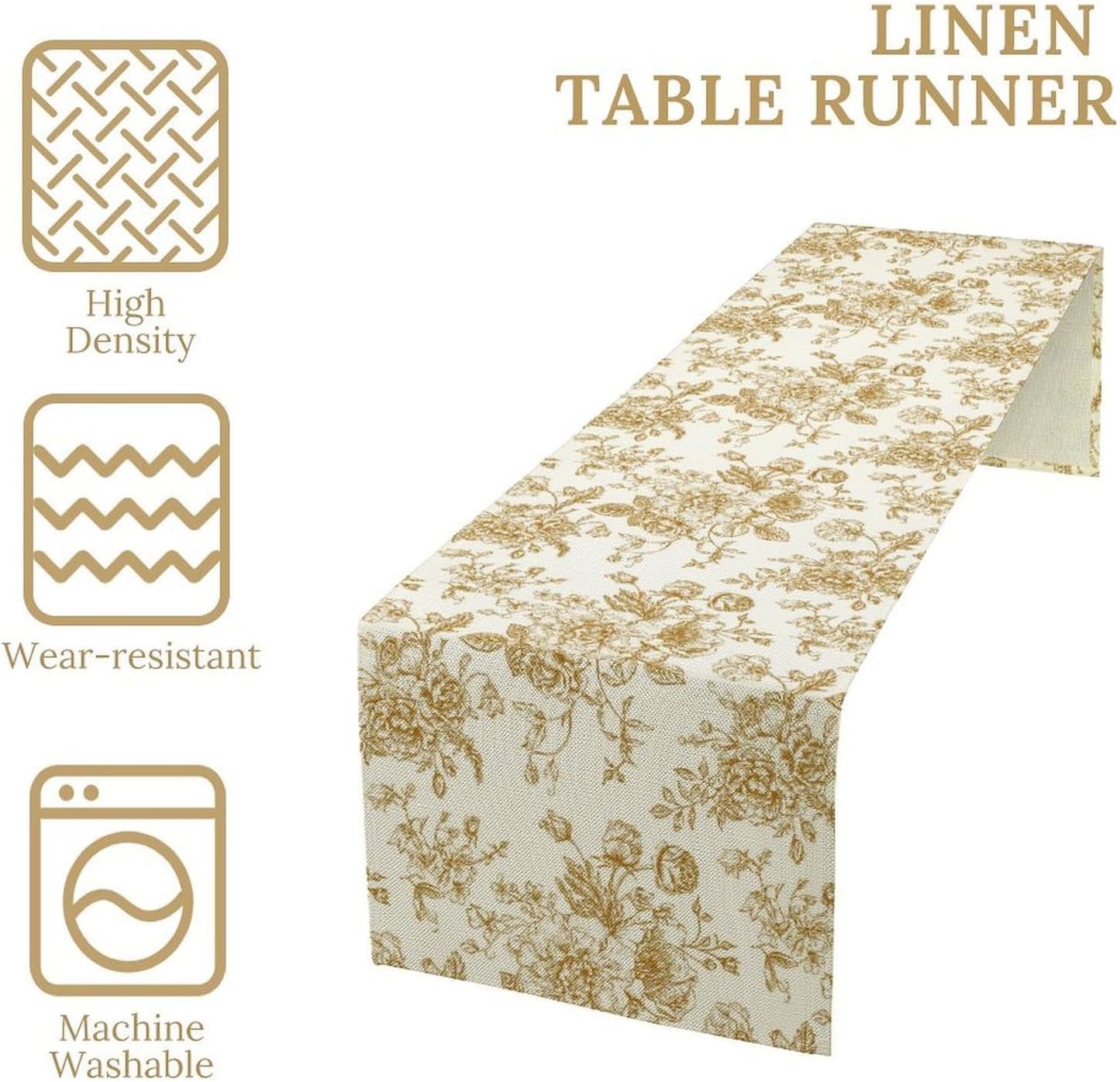 Retro Floral Table Runner, Golden White Wildfloral Sketch Print Kitchen Dinning Table Runner for Indoor Outdoor Home Wedding Party Holiday, 13x90 Inch