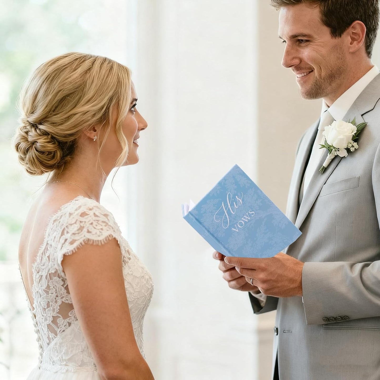 His and Hers Vow Books for Wedding, 2 Pack Hardcover Vows Book with Toile-Inspired Design, 48 Sheets 120gsm Thick Paper, Elegant Wedding Ceremony Stuff, 4.13" × 6", Blue