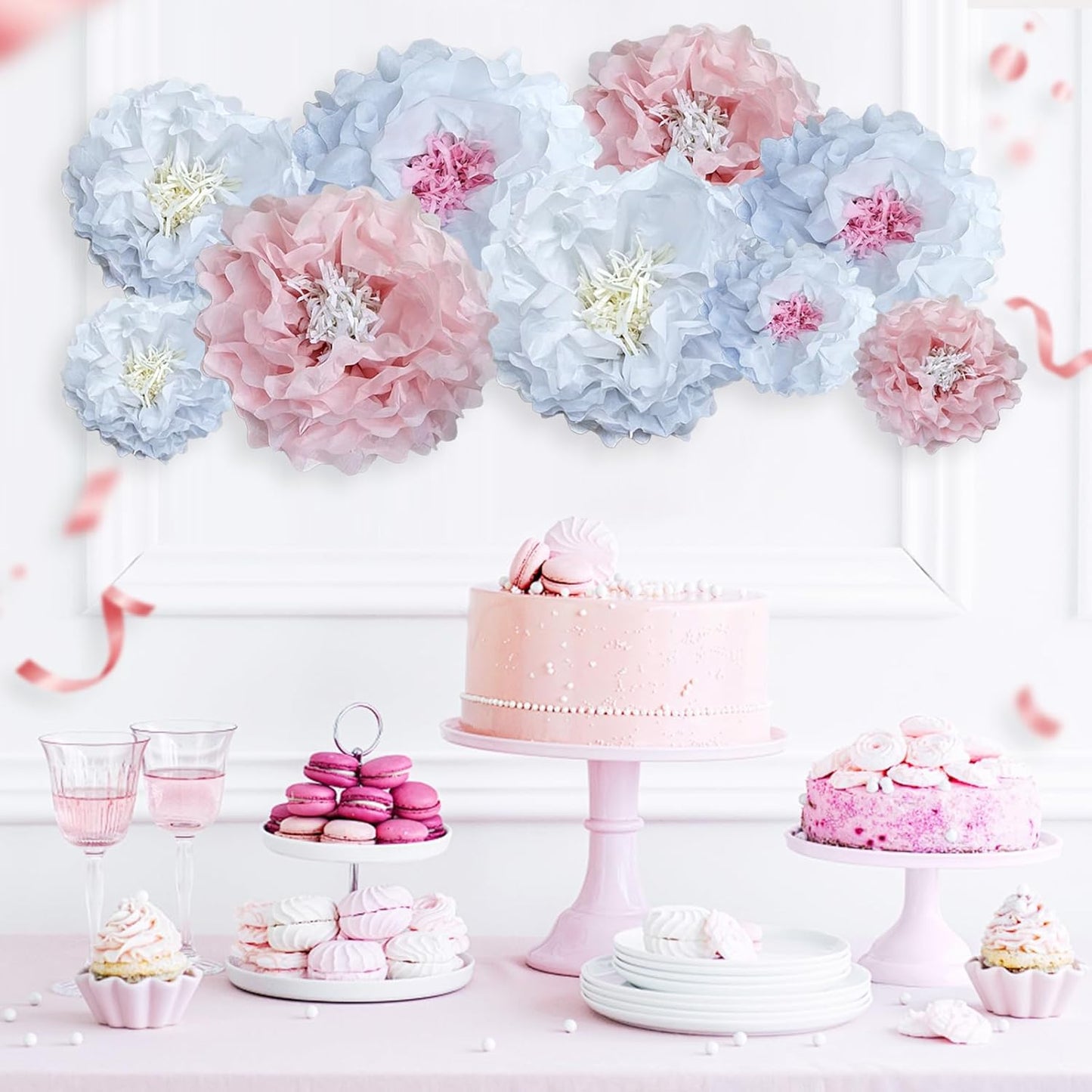 Pink Paper Flowers Decoration-Blush Pink Cream Colorful Paper Pom Poms Wall Decor for Baby Showers, Weddings, Graduations, Tea Parties, Engagement