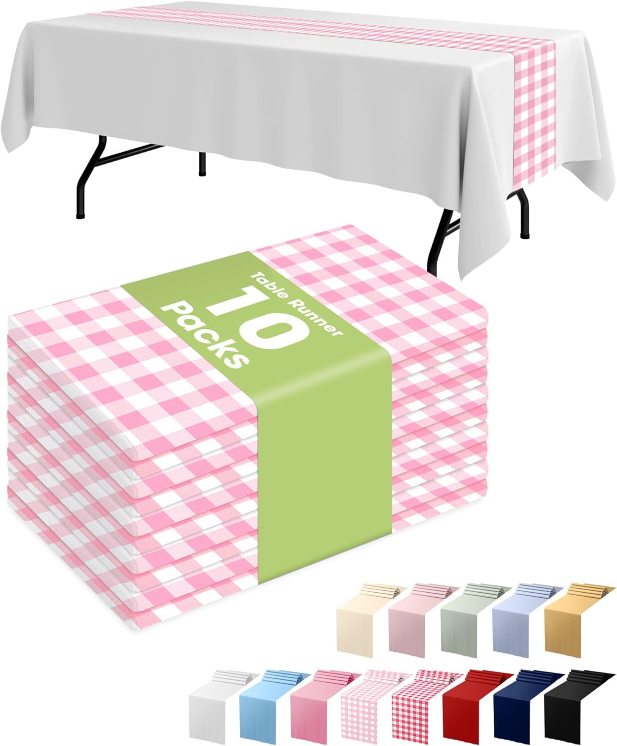 Pureegg Gingham Plastic Table Runners - 10 Pack, 14'' x 108'', Water Resistant & Disposable Plaid Centerpiece Decorations for Table Cloth, Birthday, Holiday, Party, Pink and White Checkered Home Decor