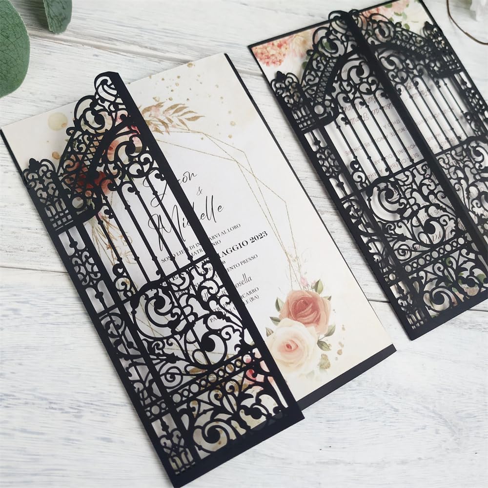 Black Gate Invitation Castle Laser Cut Card For Wedding Engagement Mermaid Birthday Party 25 Sets (black, 4.9"x7.1")