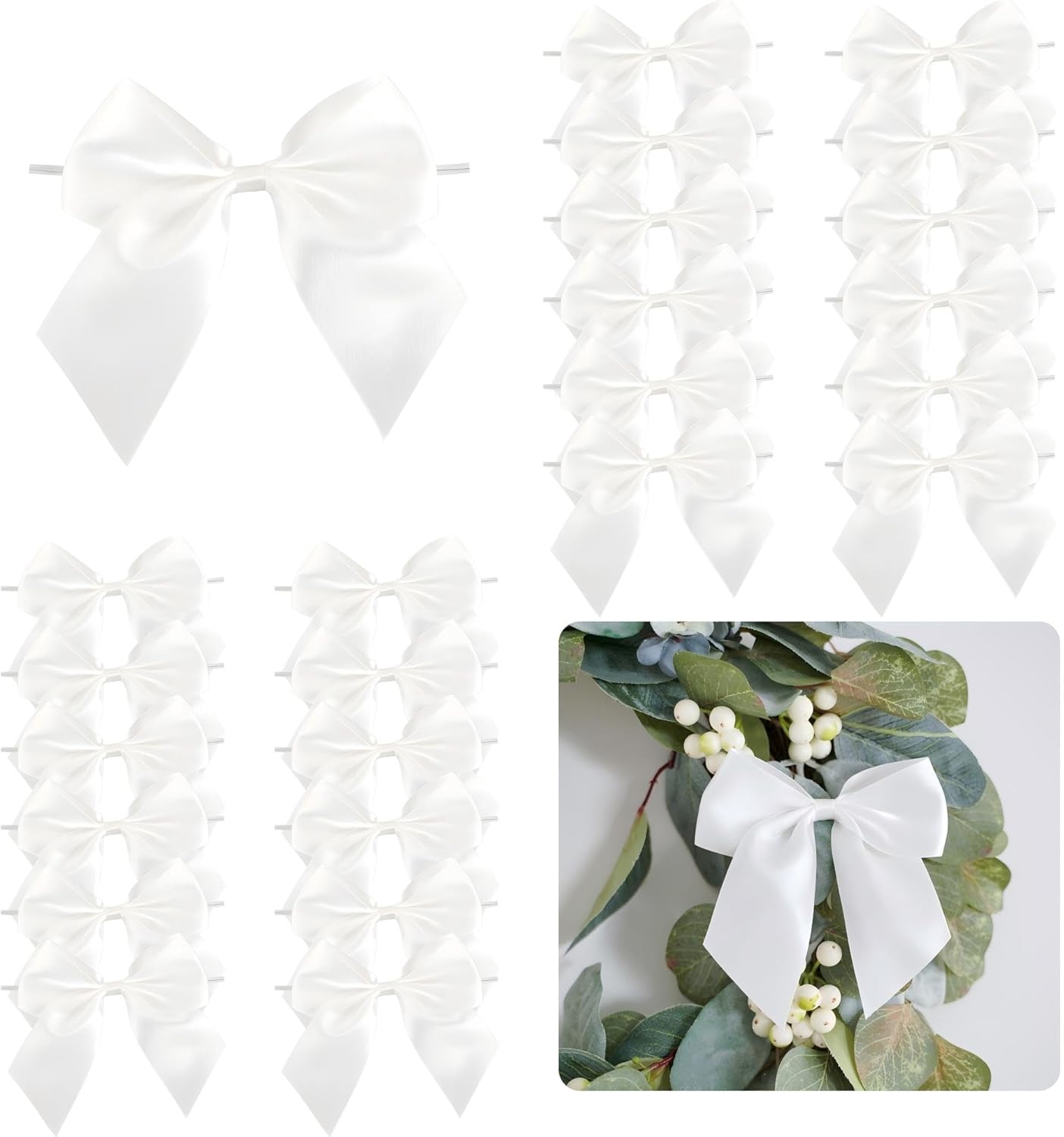 5'' White Bow Party Decorations Satin Bows, Twist Tie Bows for Treat Bags, Cake Pops, Pre-Tied Bow Premade Ribbon Bows for Crafts, Holiday Bows for Gift Wrapping, Wedding Decor-24 Counts