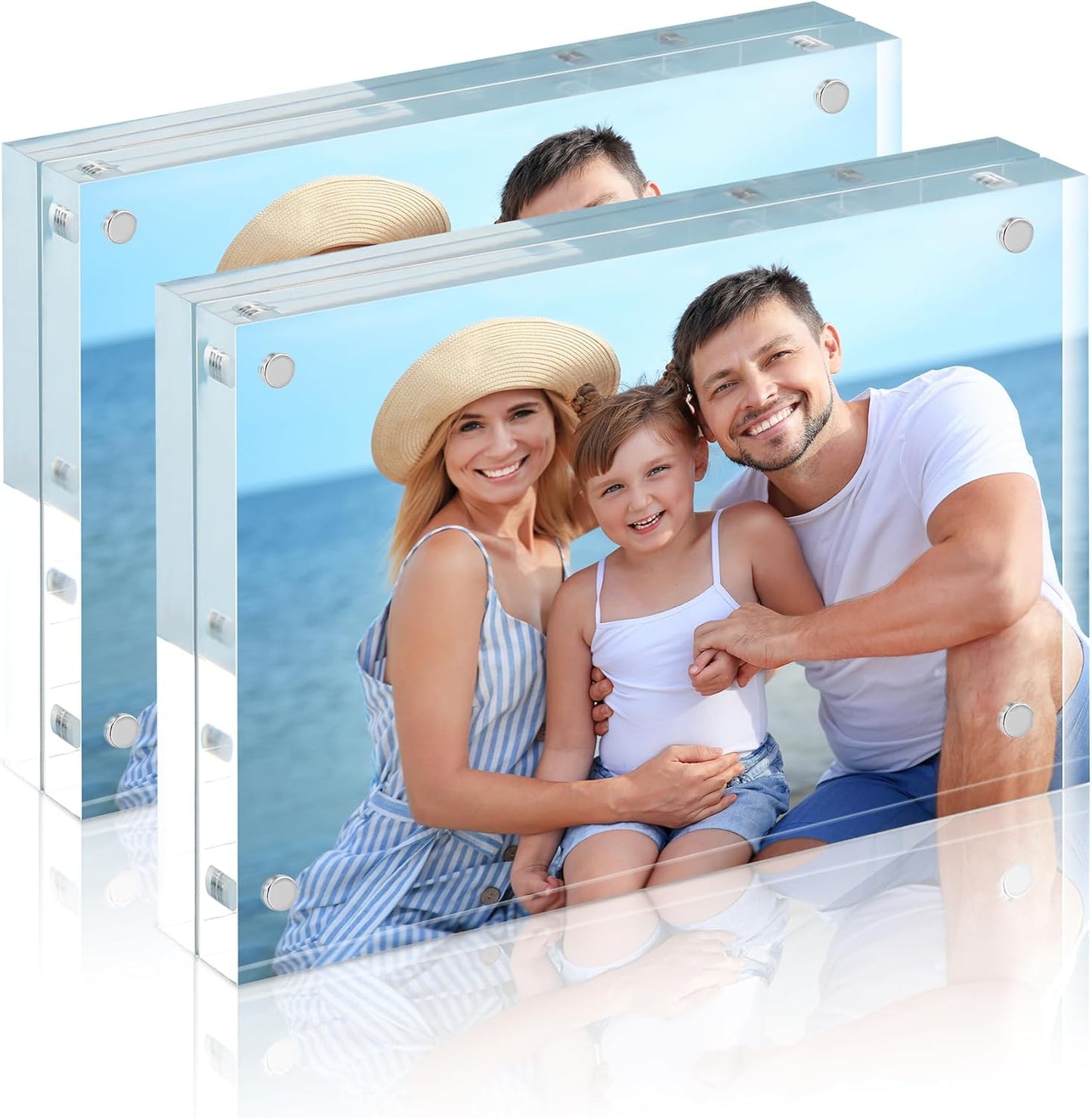 HOUSE DAY Acrylic Picture Frames 5x7, 2 Pack Magnetic 5x7 Picture Frame, Double Sided Clear 5 x 7 Photo Frame with Microfiber Cloth, Frameless FreeStanding 5x7 Frame Gift for Desktop Display
