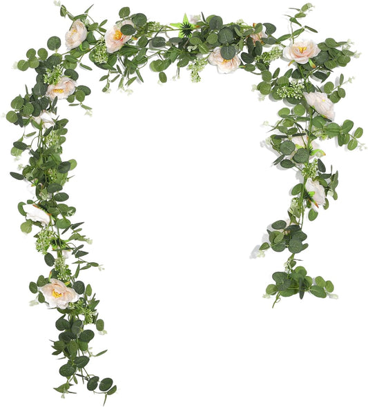 2Pcs Total 13 feet Eucalyptus Flower Garland with Fake Rose Flower, Artificial Fake Flowers Greenery Garland Floral Vines for Decoration Party Wedding Table Indoor Outdoor Backdrop Wall Decor（Pink）