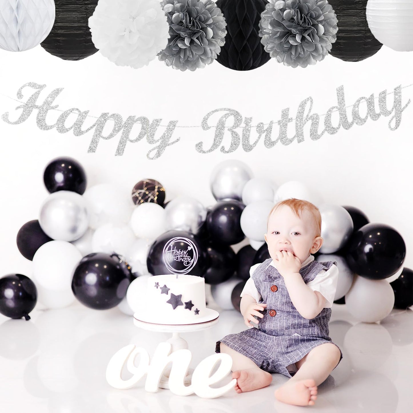 Black White Silver Birthday Party-decorations - 21pcs Boys Men Happy Banner,Paper Streamers Lanterns Honeycomb,Tissue Pom Poms Fan,Adult Supplies Decor 16th 20th 40th 45th 50th 60th Huglony