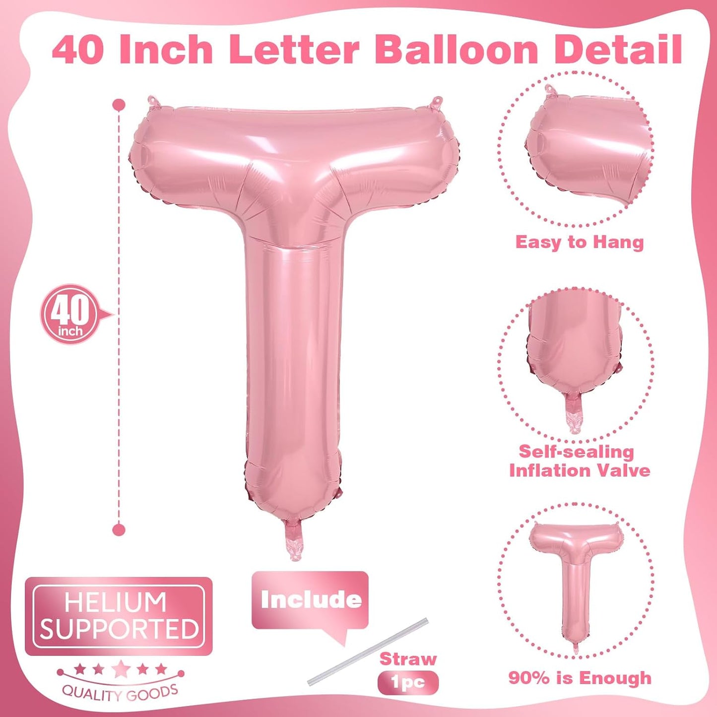 Custom Balloon Letter T - Large Mylar Helium Alphabet T - Pastel Pink Decor, 40" Inflatable Light Pink Letter T Foil Balloons for Girls Birthday Party Decoration Supplies