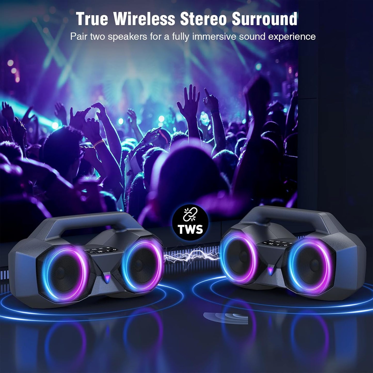 KMAG Bluetooth Speaker Wireless, 80W Loud Speaker with Deeper Bass, IPX7 Waterproof, 20H Playtime, Cool Lights, TWS, Portable Speaker for Home, Outdoor, Workshop, Party, Gift for All(Gray)