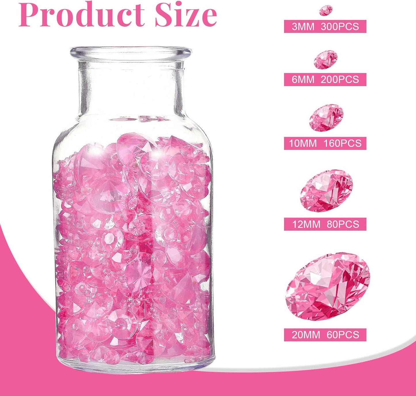Hicarer 800 Pieces Diamond Decorations Acrylic Diamond Table Scatter Crystals for Table for Vase Fillers Party Decorations(20, 12, 10, 6, 3mm,Pink)