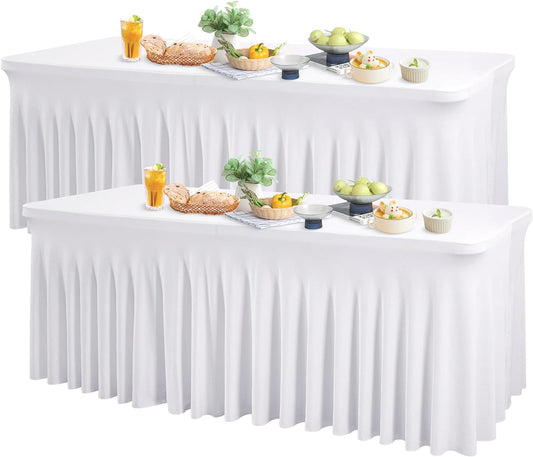 Wish Care 2 Pack White Spandex Table Clothes for 6 Foot Rectangle Tables, 6FT Wrinkle Free Fitted Tablecloths Ruffles Design Table Cover for Party, Banquet, Wedding and Events