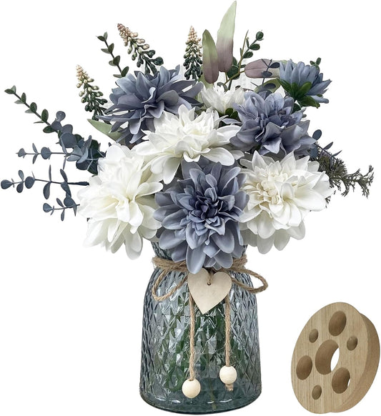 Fake Flowers in Vase,8 Dahlias,Silk Artificial Flowers in Vase,Centerpiece Table Decorations,Faux Flowers in Vase with a Flower Arrangement Holder
