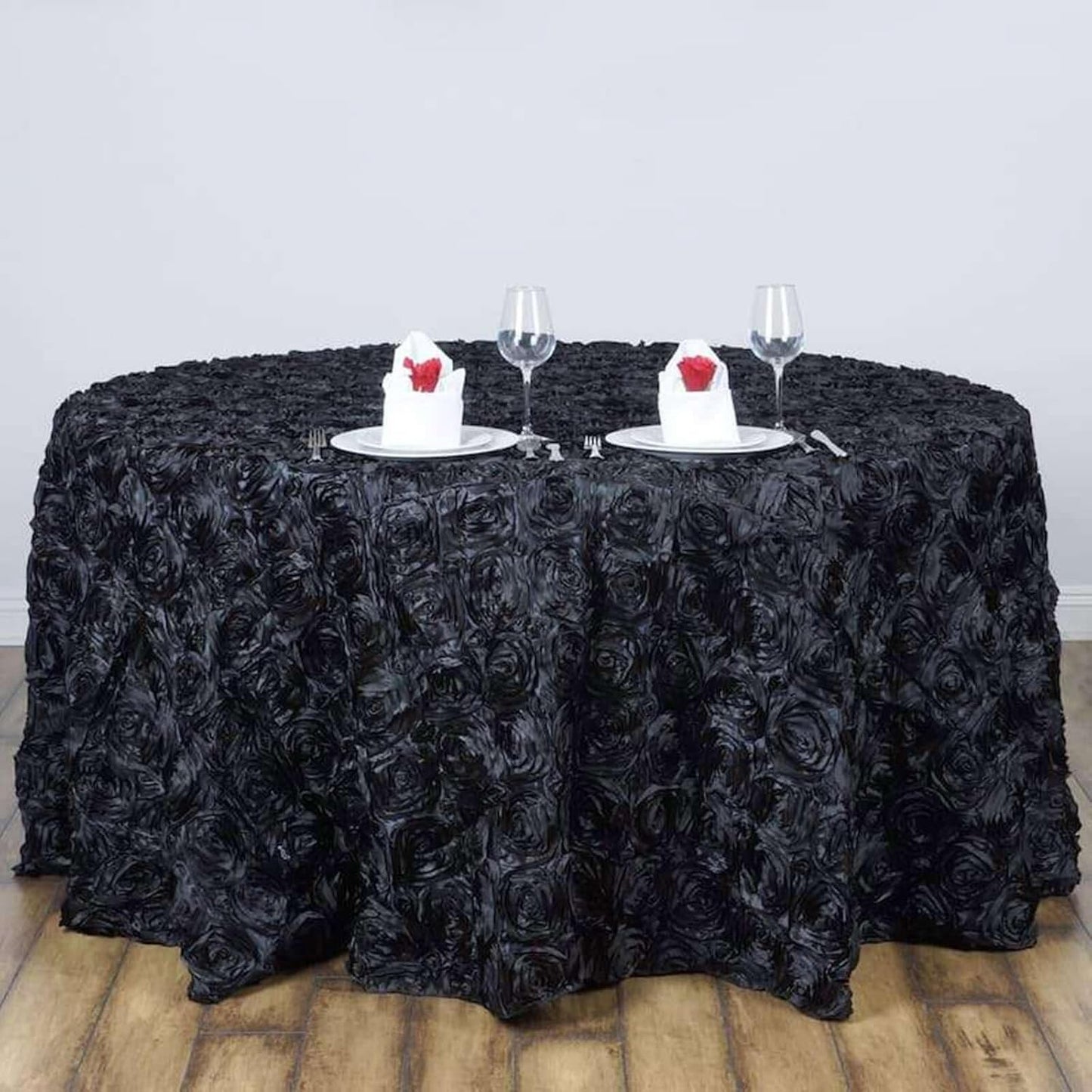Efavormart 120" Wholesale Round Table Cover Black Grandiose Rosette 3D Satin Tablecloth for Wedding Party Event Decoration