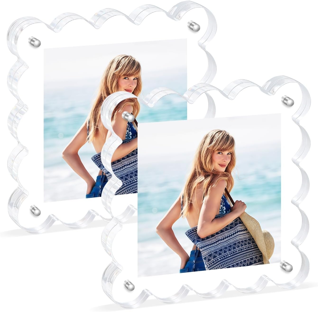 Acrylic Magnetic Picture Frames 4x4-2Pack Clear Freestanding Photo Frame.Double-Sided Scalloped Edges, 10+10mm Thick Block, for Modern Desktop Display &Perfect for Gifts (2 Pack, 4X4)