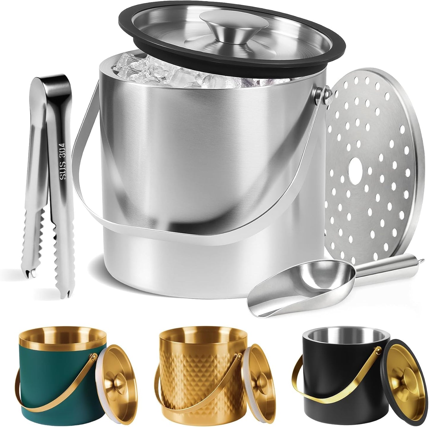 Ice Bucket, Ice Bucket with Silicone Sealing Ring Double-Wall Vacuum Insulation Champagne Buckets with Filter Layer Ice Tongs Ice Scoop (Silver, 3 L)