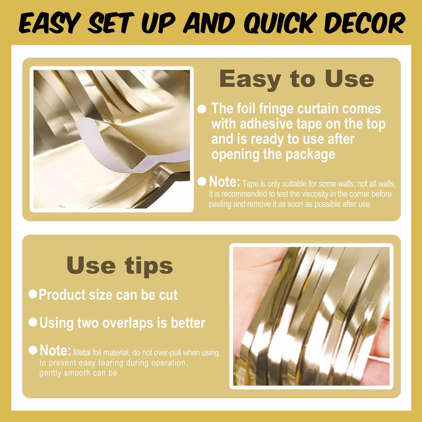 6 Pack Light Gold Foil Fringe Curtains Backdrop, 3.28 x 8.2 Ft Metallic Streamers Tinsel Curtains Background for Photo Booth, Birthday, Weddings, Carnivals, Graduation, Themed Party Decorations