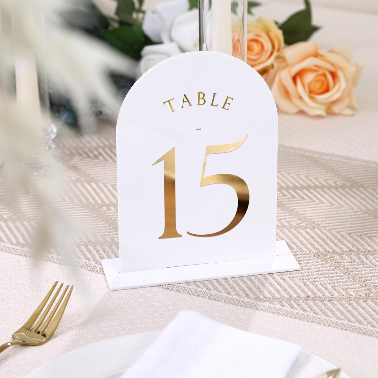 UNIQOOO White Arch Wedding Table Numbers with Stands 1-20, Gold Foil Printed 5x7 Double sided Acrylic Signs and Holders, Perfect for Centerpiece, Reception, Decoration, Party, Anniversary, Event