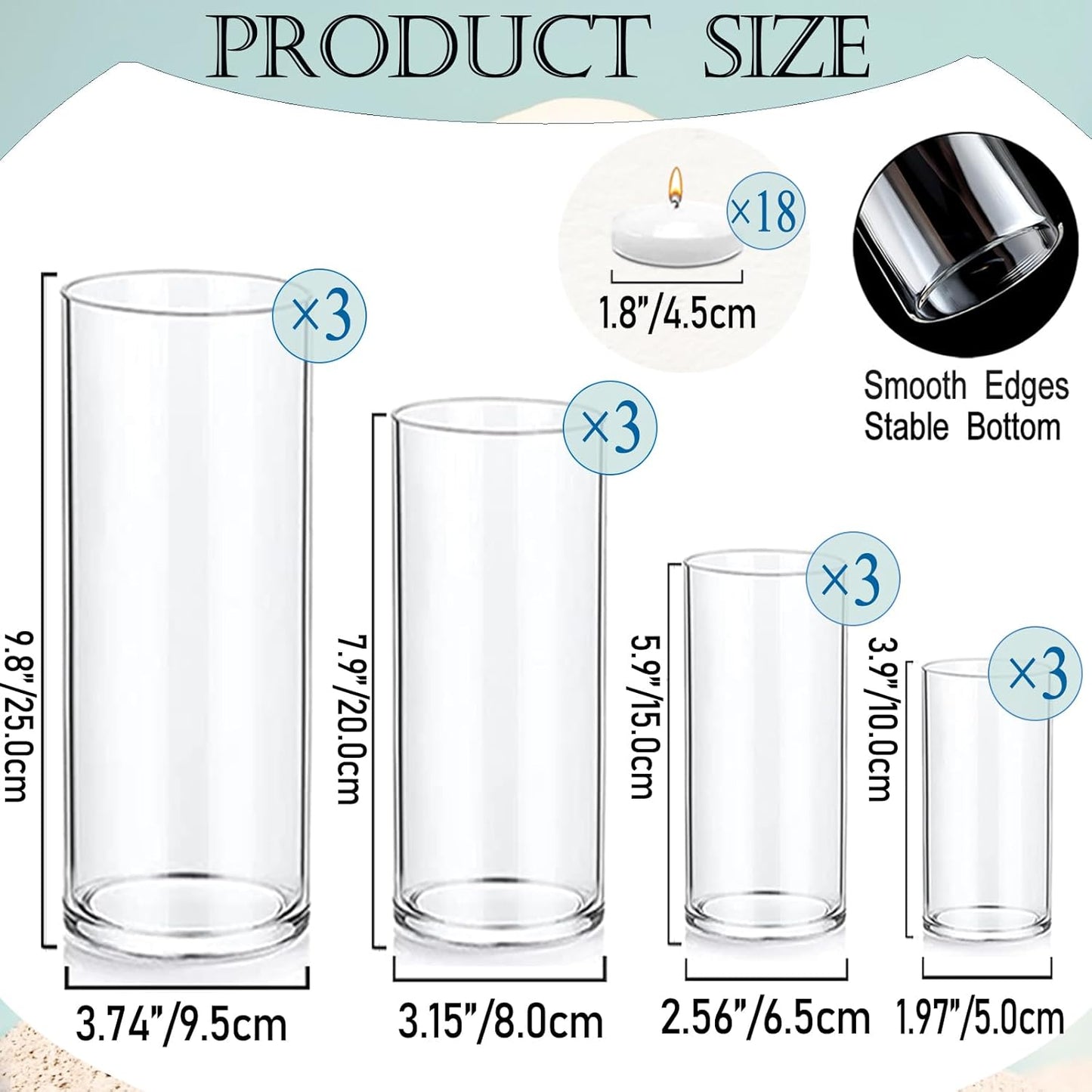 Set of 12 Pcs Glass Cylinder Vases for Centerpieces with 18 Pcs White Floating Candles for Centerpieces Glass Candle Holder for Table Shelf Wedding Party Home Decor (4"+6"+8"+10")