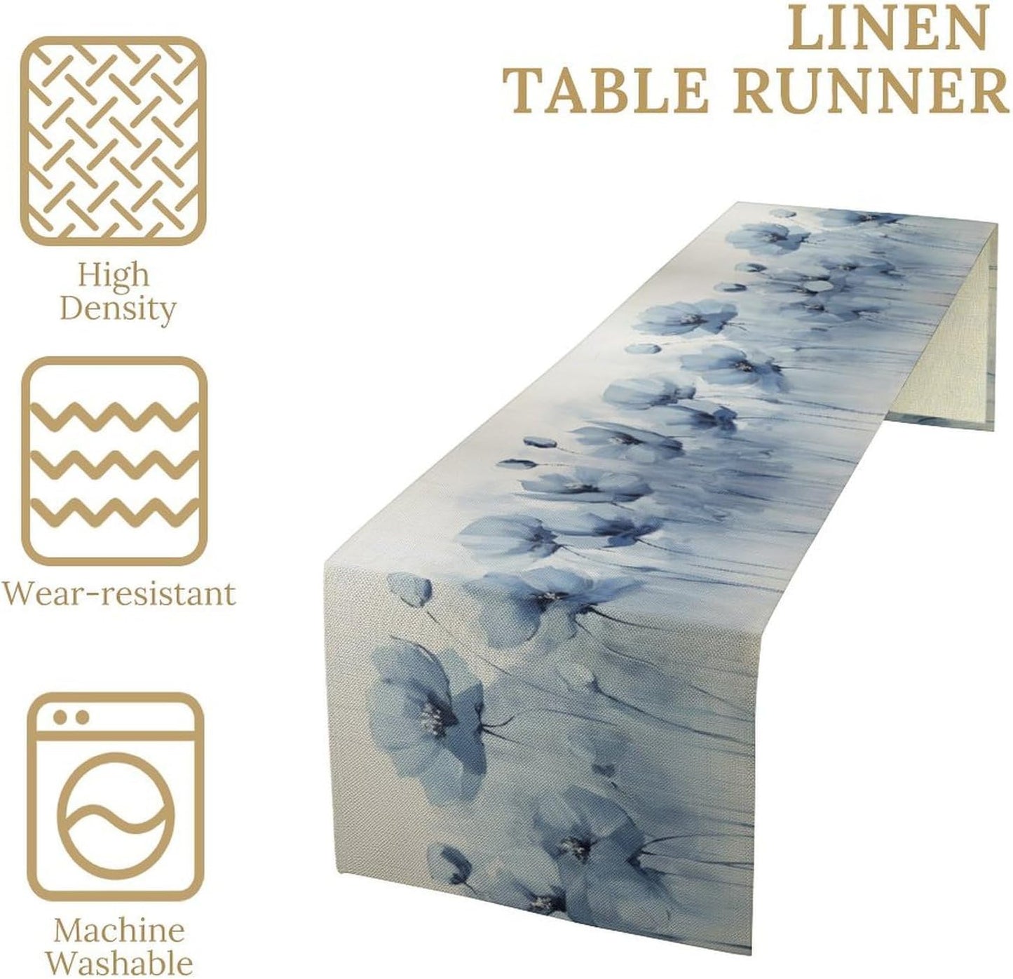 Abstract Floral Table Runner, Blue Poppy Flower Modern Art Print Kitchen Dinning Table Runner for Indoor Outdoor Home Wedding Party Holiday, 13x36 Inch