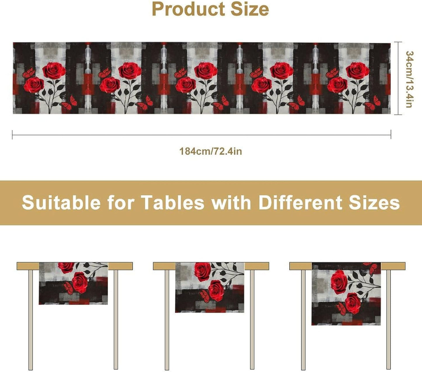 Abstract Art Rose Table Runner, Red Roses Floral Butterfly Black Red Grey Ink Background Pattern Kitchen Dinning Table Runner for Indoor Outdoor Home Wedding Party Holiday, 13x120 Inch