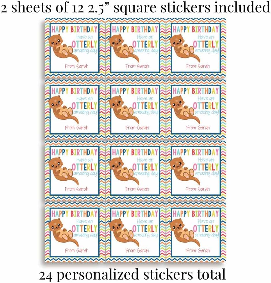 Custom & Personalized Adorable Otter Otterly Amazing Happy Birthday Gift Tag Sticker Labels, 24 2.5" Square Stickers by Amanda Creation