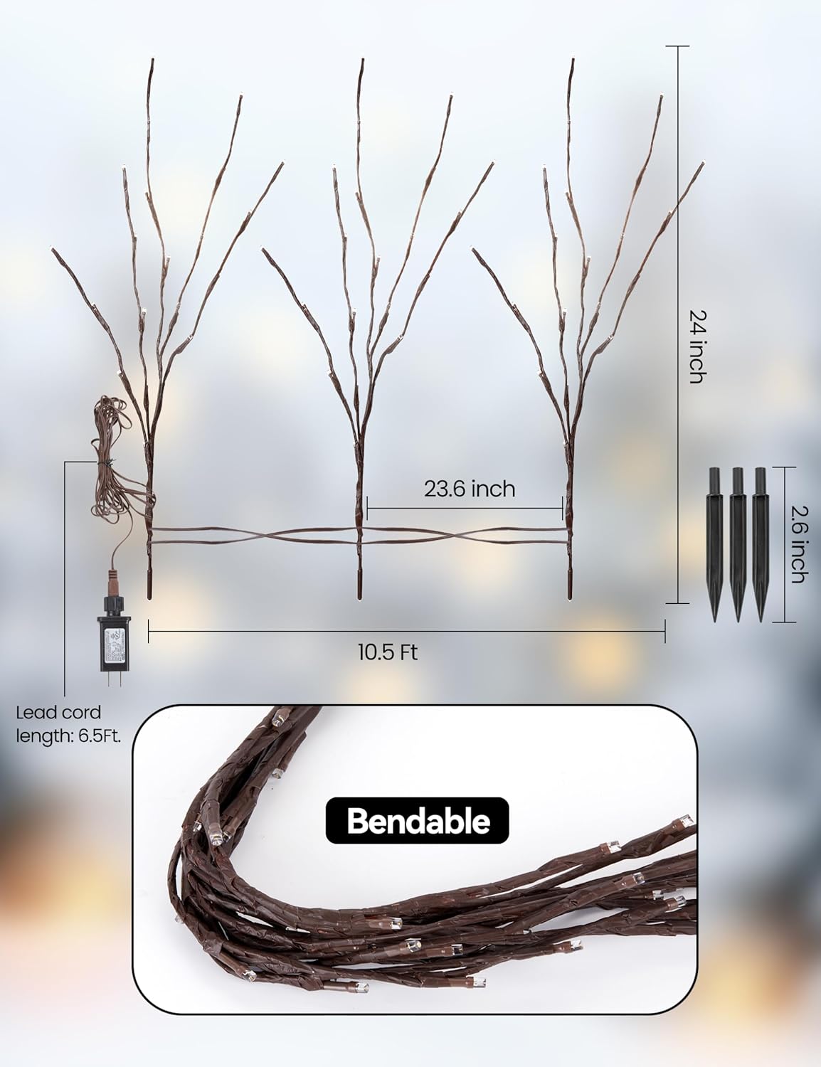 Lighted Branches for Vases Plug in - 6 Pack 24Inch 60 LED Christmas DIY Twig Pathway Lights, Artificial Tree Bendable Xmas Fairy Lights with Stakes for Outdoor Indoor Party Decoration, Warm White