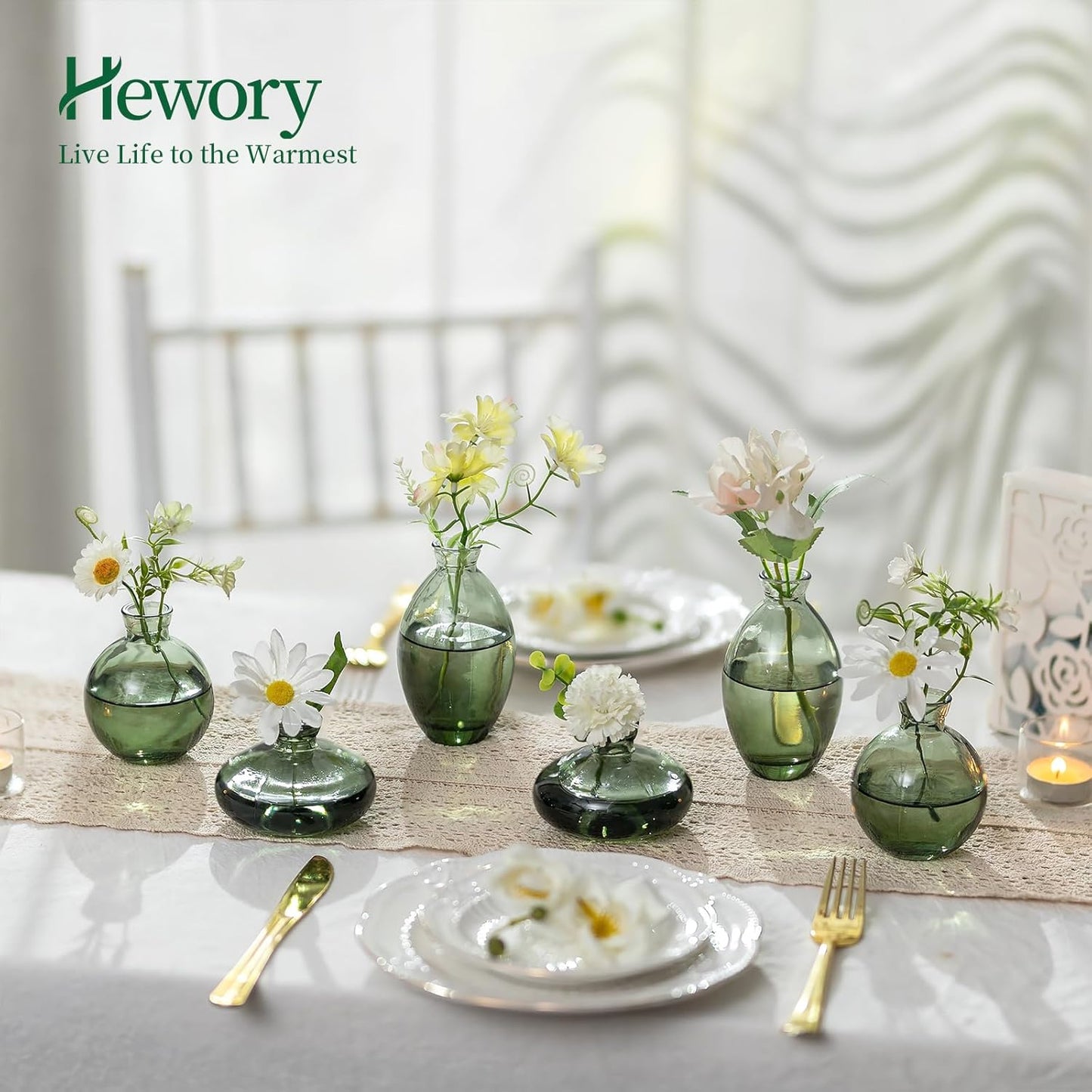 Hewory Glass Bud Vases for Centerpieces: Set of 12 Cute Green Small Vases Handmade, Mini Flower Vase for Floral Arrangement, Tiny Decorations for Home Office Wedding Reception Party Events Table Decor