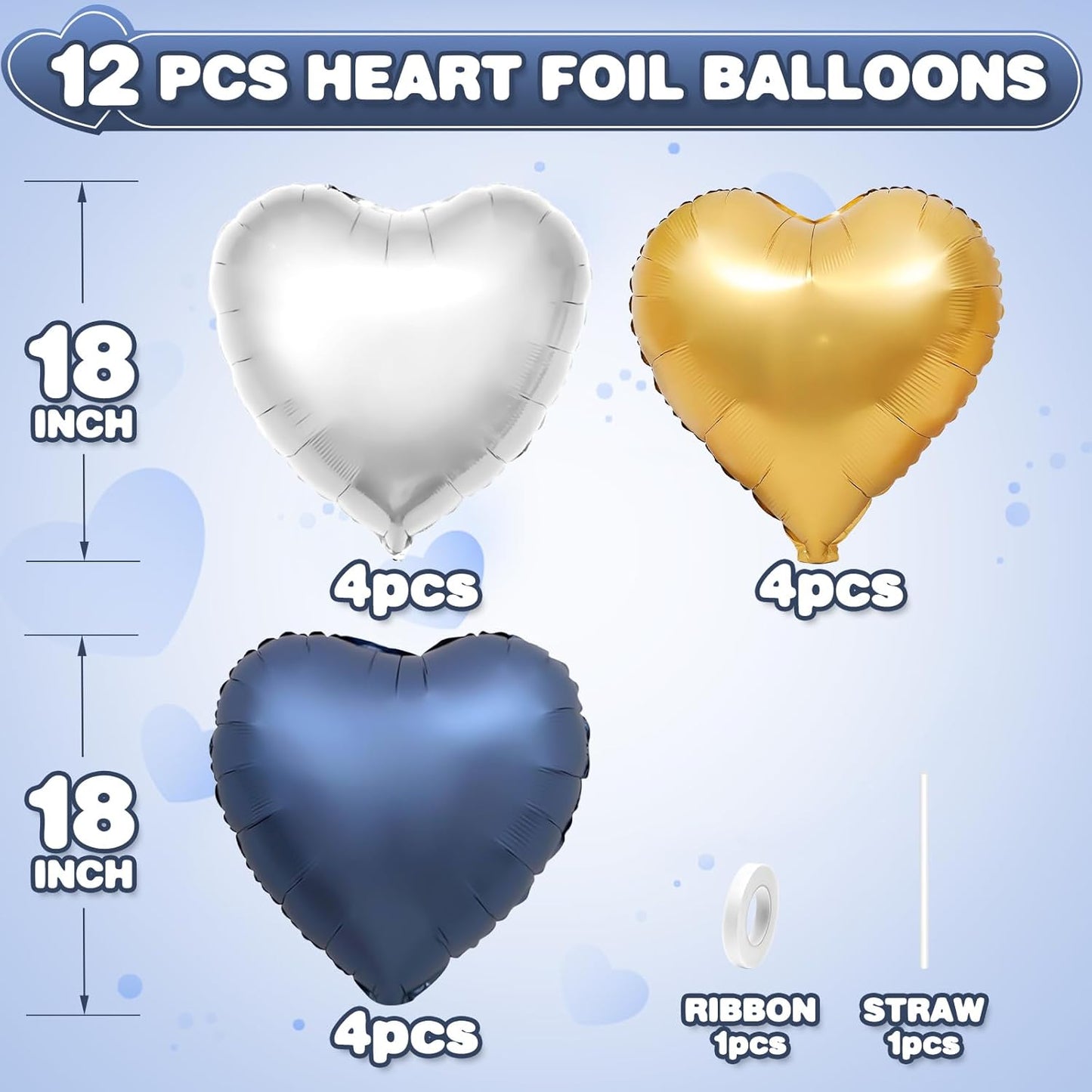 Blue Gold Silver Heart Balloons,12Pcs 18Inch Metallic Blue Gold Silver Heart Shaped Foil Helium Balloons for Graduation Birthday Anniversary Wedding Engagement Party Decorations