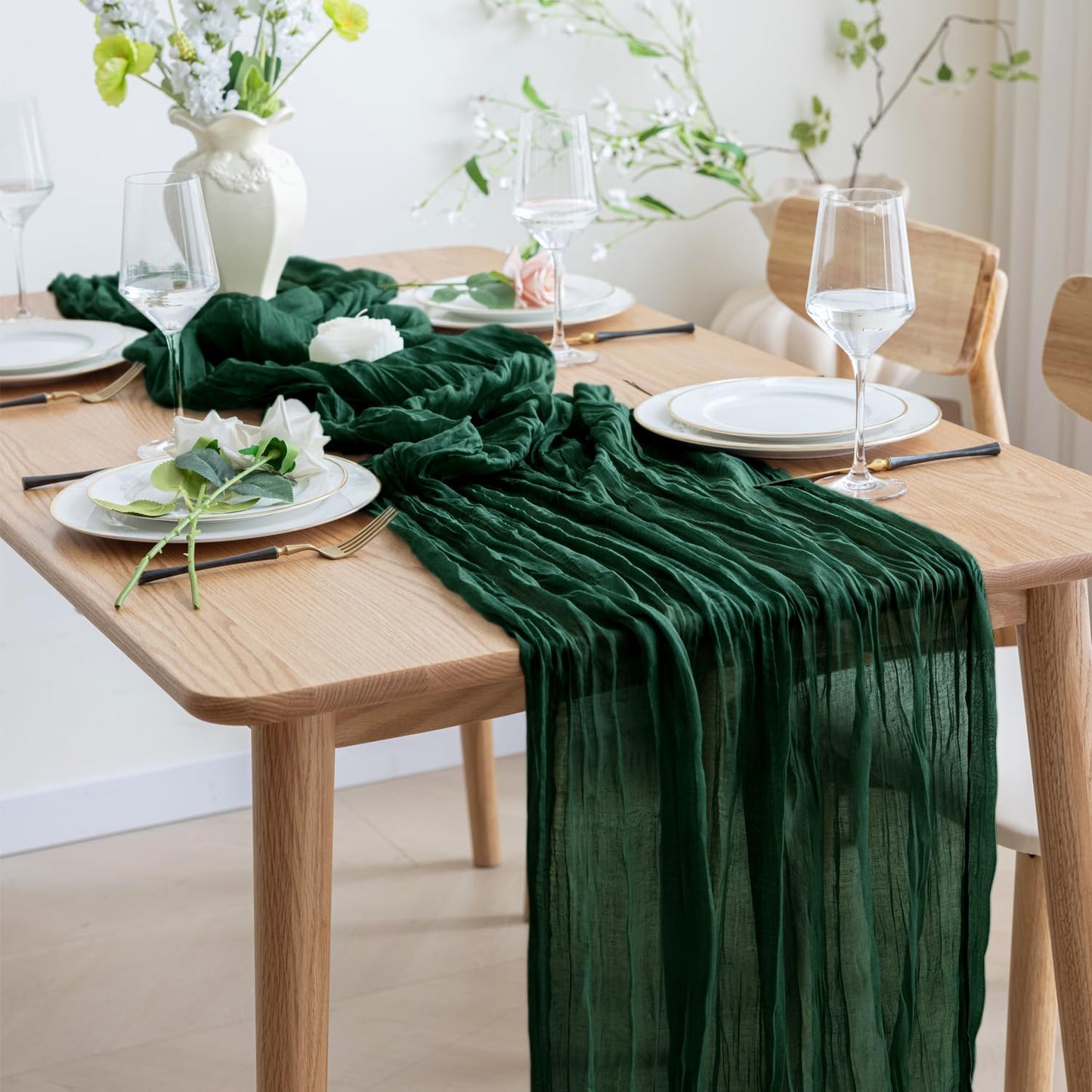 Asee'm 12PCS Table Runner Cheesecloth 10FT Emerald Green Boho Gauze Fabric Rustic Sheer Cheese Cloth Runners for Wedding Bridal Shower Party