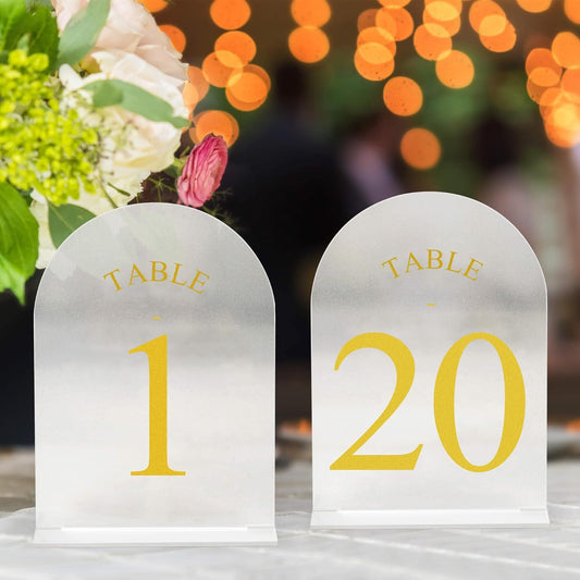 JOYIT Frosted Arch Wedding Table Numbers 1-20 with Stands – 5" X 7" Acrylic Gold Table Number Holders, Perfect for Wedding Receptions, Parties, Anniversaries, and Events