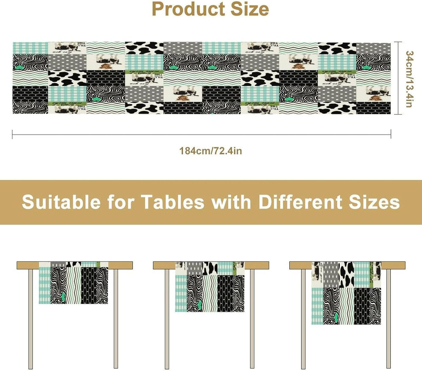 Cute Cow Print Table Runner,Farm Animals Honeycomb Plaid Stripes Cowhide Pattern Tablecloth Burlap for Hotel Indoors Outdoor Dining Room Kitchen Table Decor, 13x60in