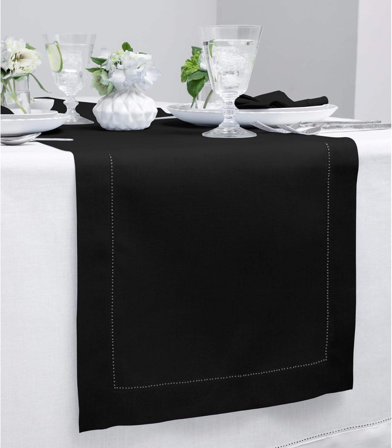 Solino Home Linen Black Table Runner 132 Inches Long - 100% Pure Linen Extra Long Table Runner 14 x 132 Inch for Fall, Autumn, Halloween, Thanksgiving, Holiday - Classic Hemstitch