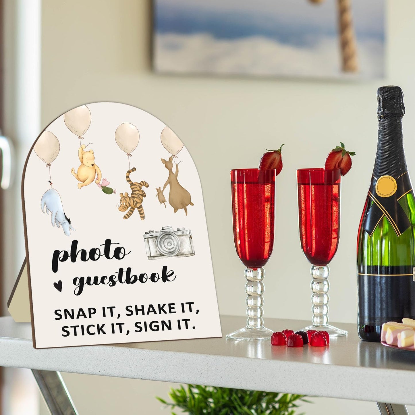 Winnie Wedding Photo Guestbook Sign with Stand, the Pooh Decor Wedding Welcome Sign, Bridal Shower Sign, Baby Shower Party Supplies, Wedding Shower Supplies, Photo Guestbook Wooden Plaque 8 * 10In