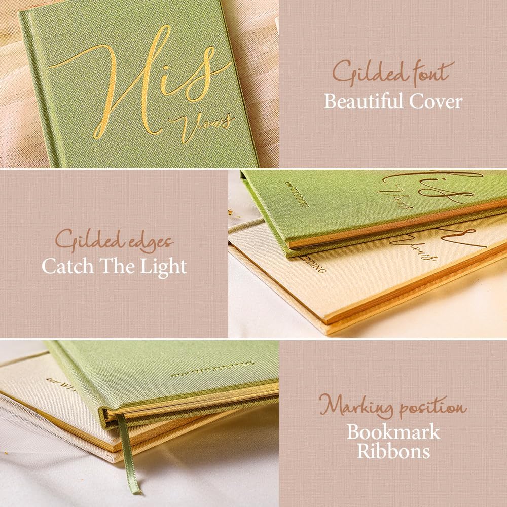 Vow Books His and Hers 2 Pack - 6 x 4 Inch Linen Hardcover Wedding Vow Books with Gold Foil Lettering & Bookmark, Wedding Ceremony Keepsake for Bride and Groom-His and Her Engagement Gift, 48 Pages