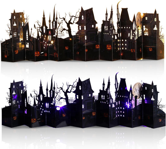 Geyoga Halloween Pop-up Card with 2 LED Lights 40" Halloween 3D Greeting Card Long Enchanted Eerie Village for Table Centerpiece Party Decoration