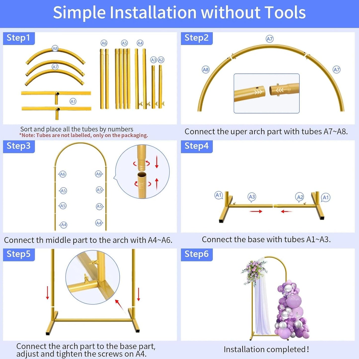 6 ft Arch Backdrop Stand, Wedding Arch Frame, Stable Metal Background Stand with Square Base Ground Nails, for Birthday Party Baby Shower Garland Decoration, Gold