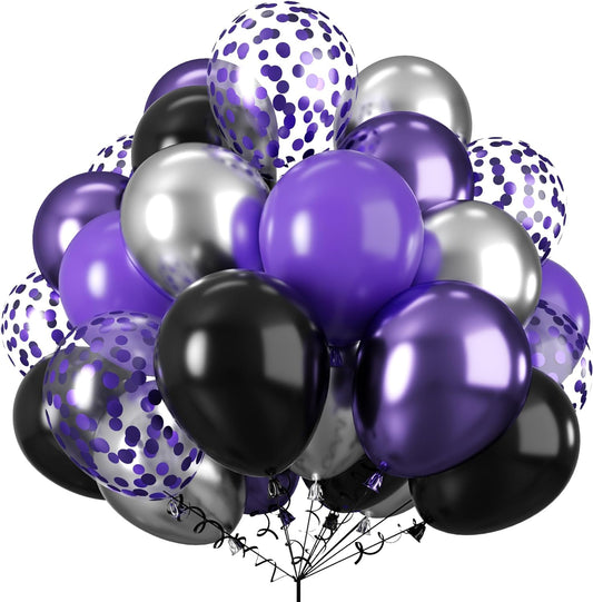 Purple and Black Balloons, 60 Packs 12 Inch Dark Purple Light Purple Black Balloons with Metallic Silver Confetti Latex Balloons for Halloween, Girls Women Birthday Wedding Party Decorations