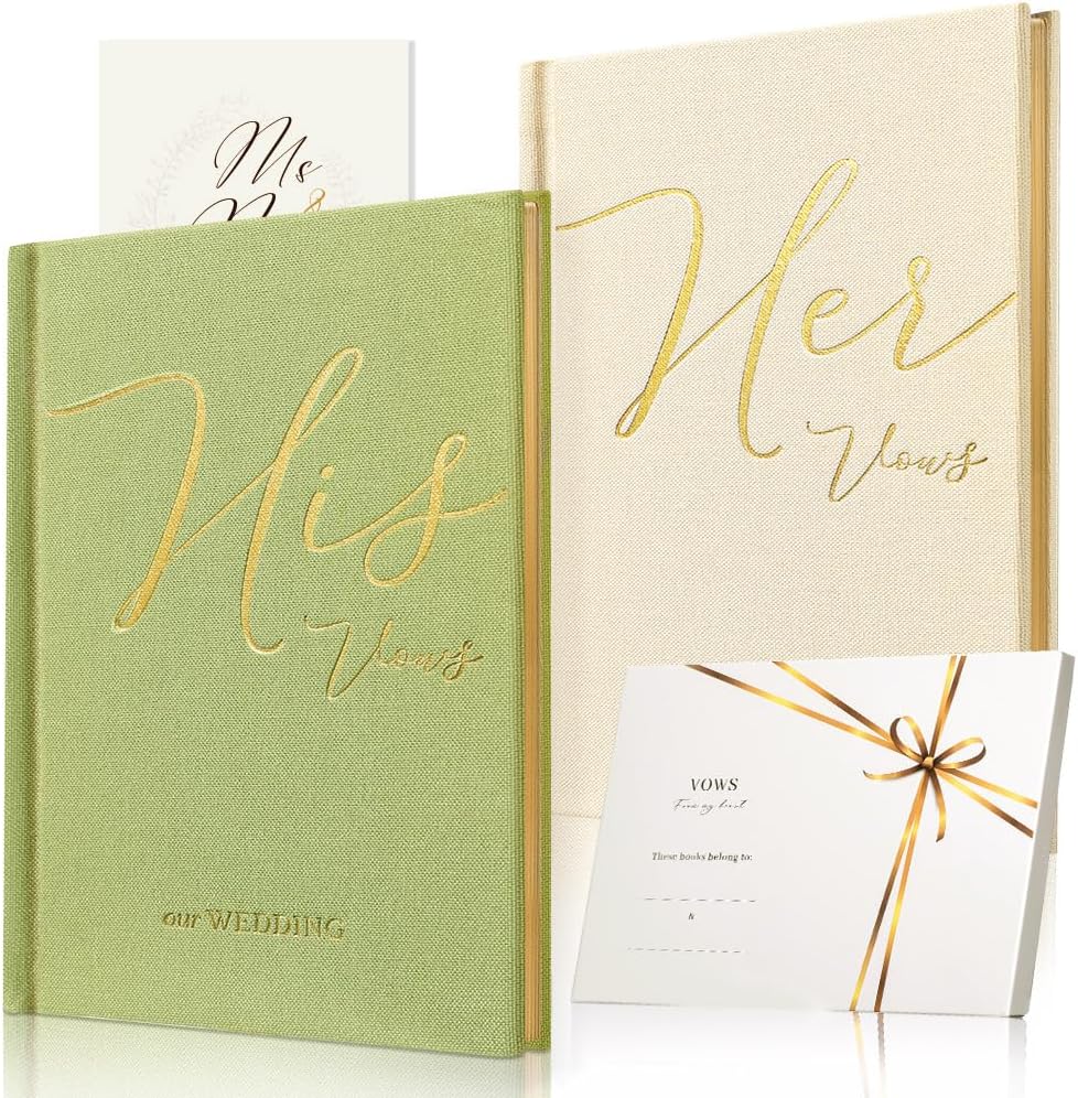 Vow Books His and Hers 2 Pack - 6 x 4 Inch Linen Hardcover Wedding Vow Books with Gold Foil Lettering & Bookmark, Wedding Ceremony Keepsake for Bride and Groom-His and Her Engagement Gift, 48 Pages