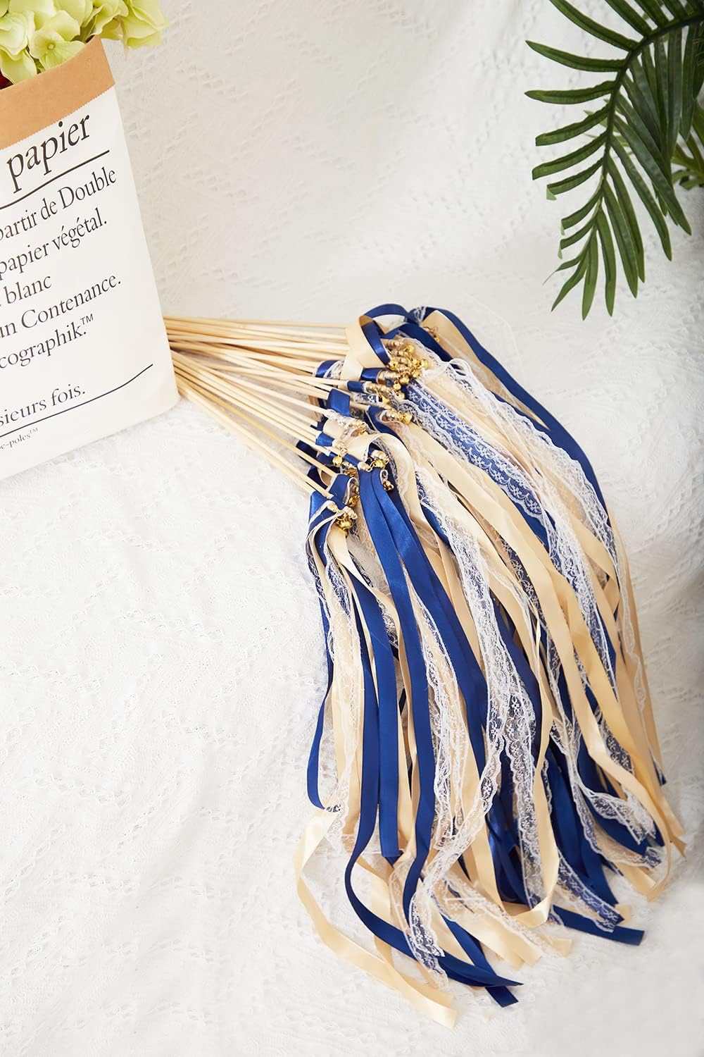 100 Pack Ribbon Wedding Wands Sticks Wedding Party Favors Streamers with Gold Bells and Lace Silk Fairy Wand for Party Activities Baby Shower Holiday Celebration