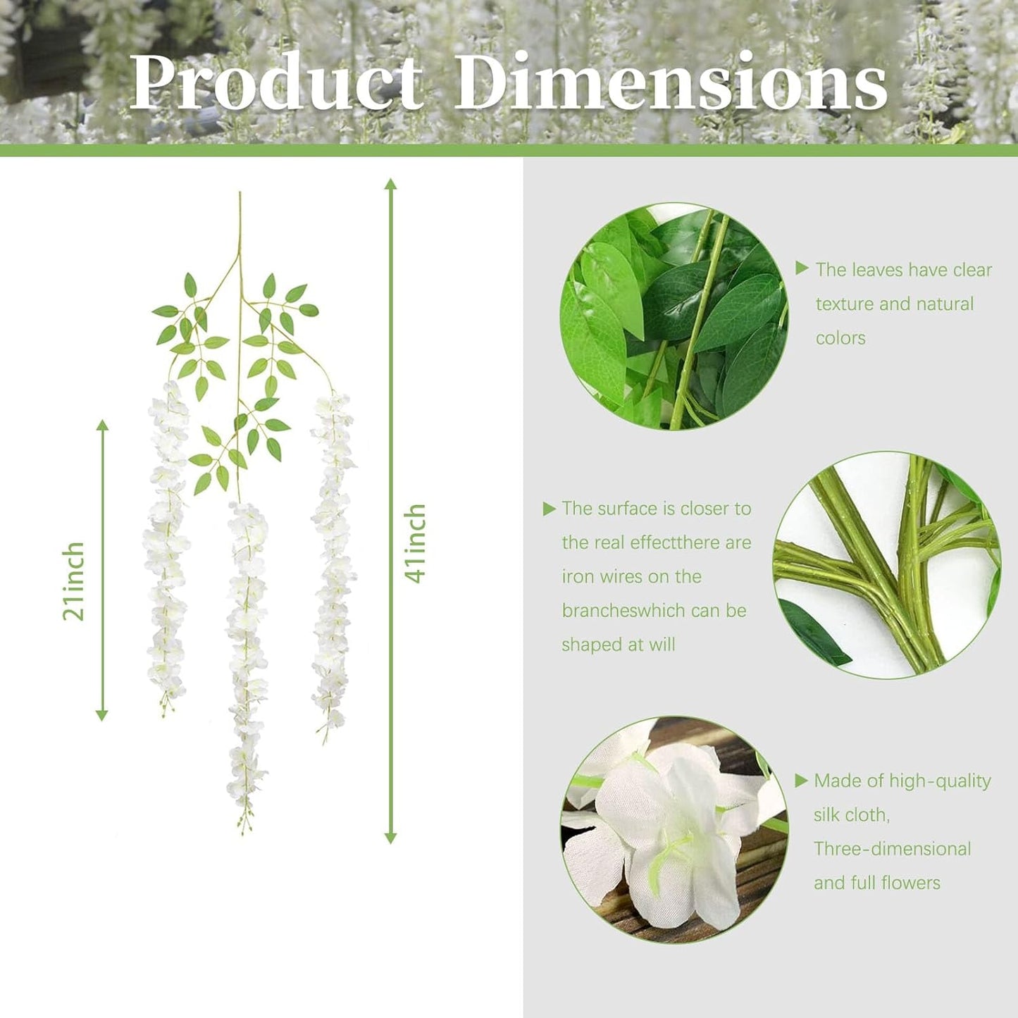 5 Pack Green White Wisteria Hanging Flowers, 3.44 Ft Fake Hanging Flowers, Artificial Wisteria Garland Vines for Wedding Room Backdrop Outdoor Patio Garden Decoration