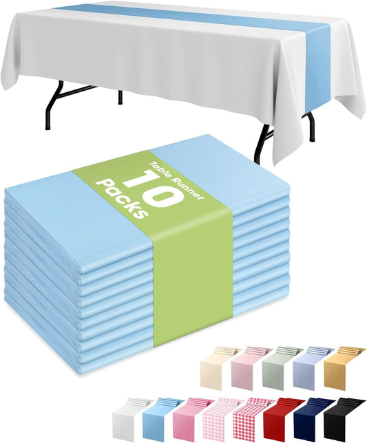 Pureegg Light Blue Plastic Table Runners - 10 Pack, 14'' x 108'', Water Resistant & Disposable Centerpiece Decorations for Table Cloth, Wedding, Birthday, Holiday, Baby Shower, Party, Home Decor