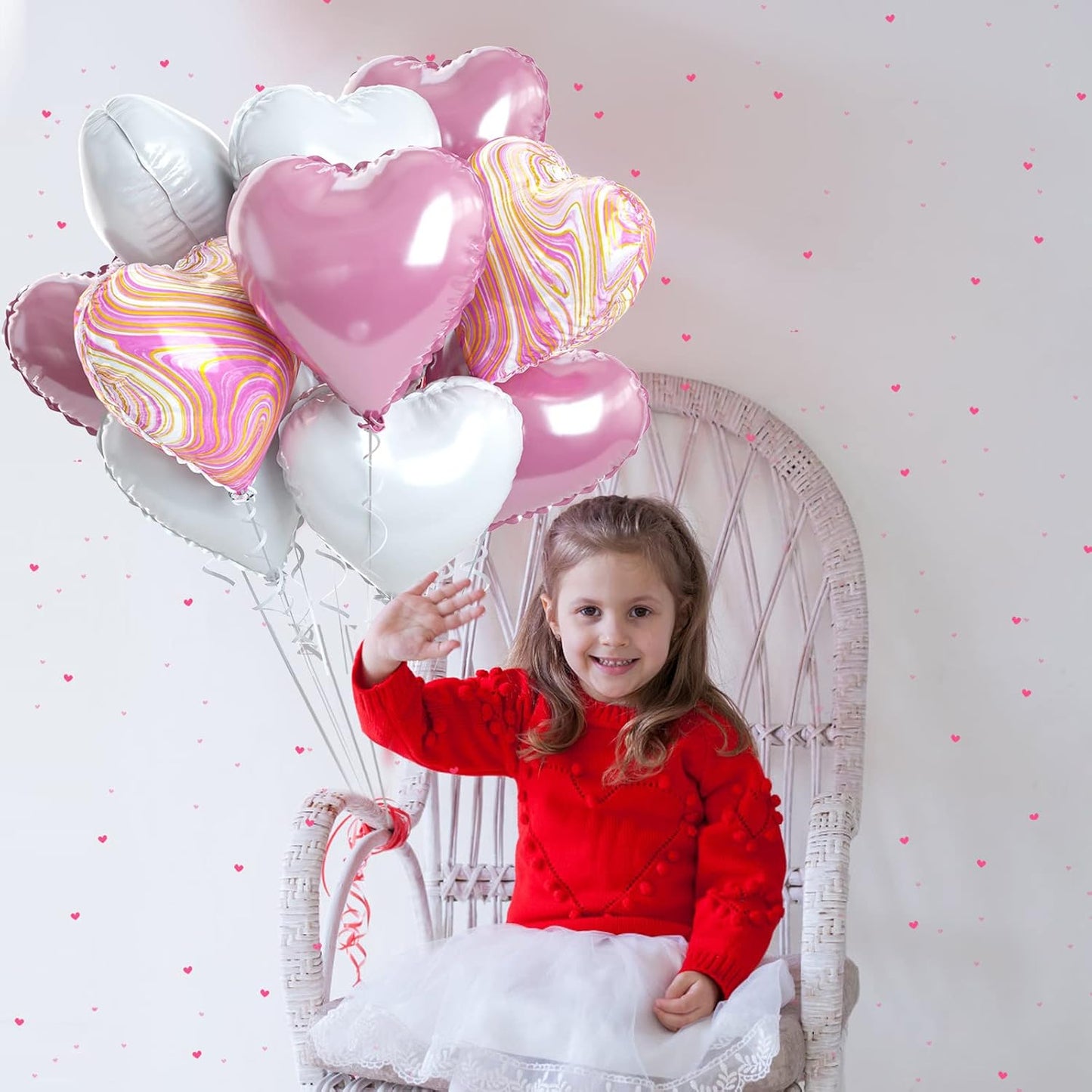 Pink White Agate Heart Shape Balloons - 10PCS Pink & White Foil Heart Balloons for Valentine's Day Decorations - 18inch