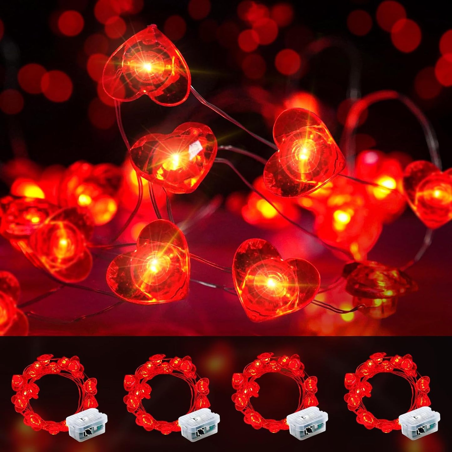 4 Pack Valentines Day Fairy Lights 7Ft 20 LED Twinkle String Lights Battery Operated Waterproof Firefly Starry for Mason Jar Party Wedding Christmas (Red, 4)