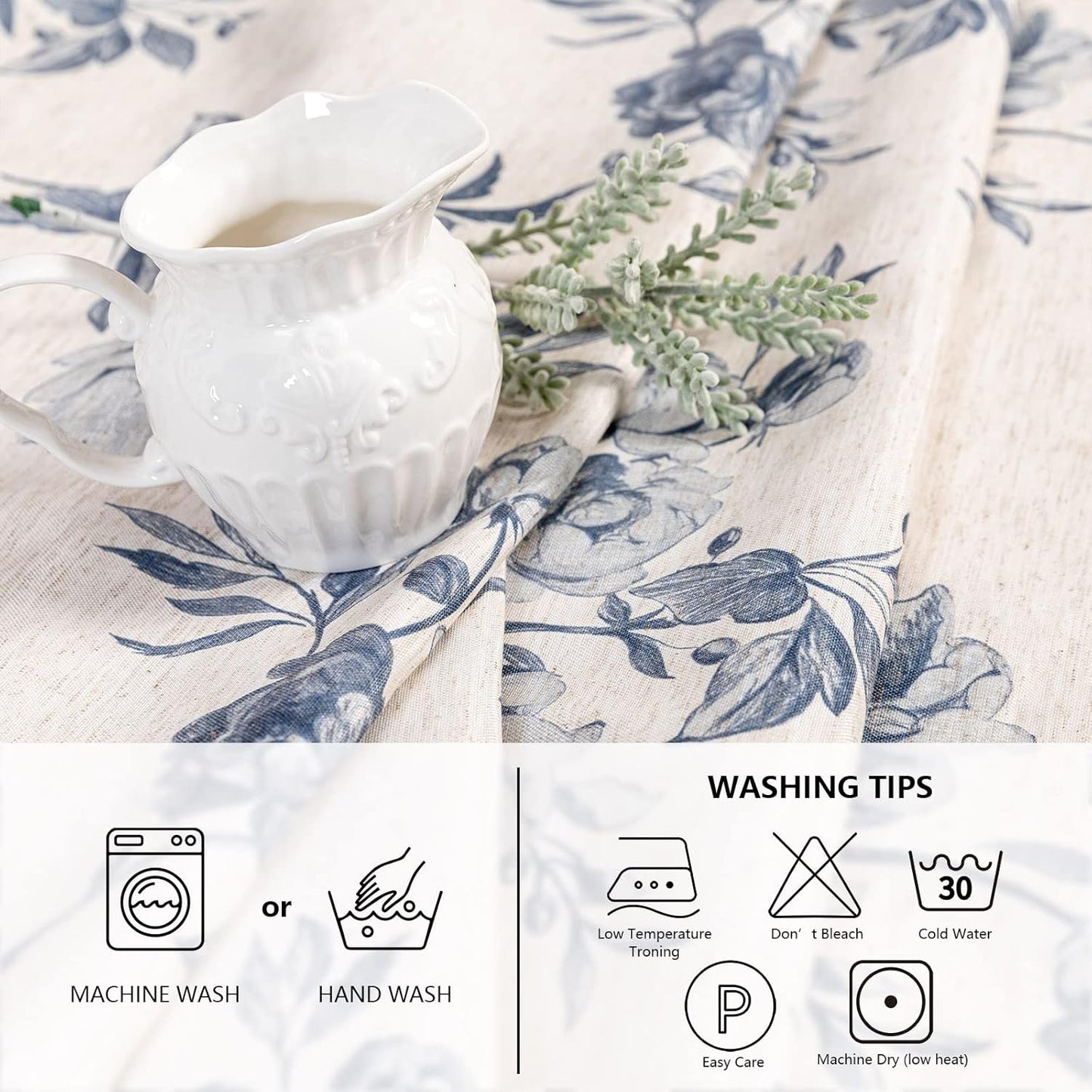 MYSKY HOME Rectangle 60x84 Inches, Tablecloth Linen Farmhouse Tablecloth Waterproof Decorative Grey Fabric Table Cloth for Kitchen Dining Floral Tablecloth for 8 Feet Table Blue Flower Tablecloth